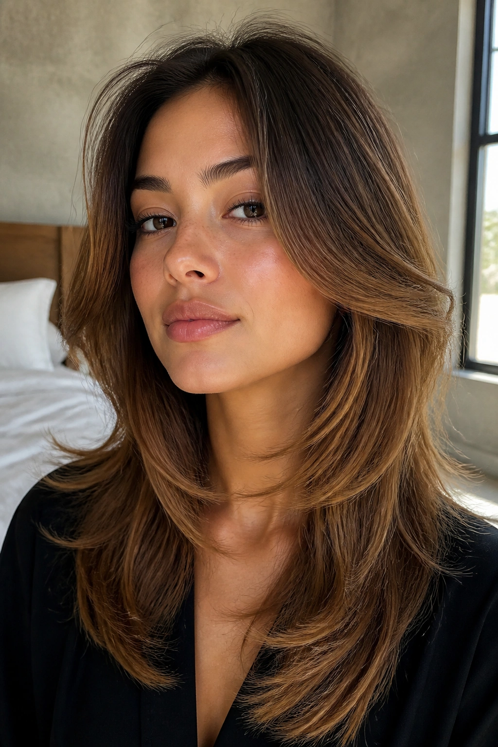 Real woman with hazelnut ombre and feathered layers in a softly lit bedroom