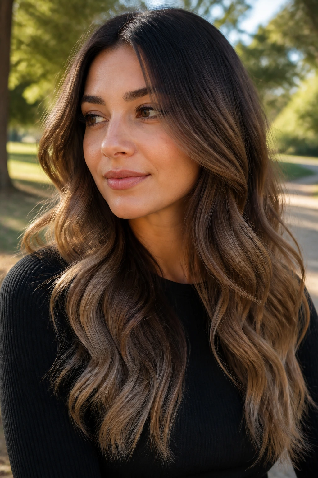Portrait of a woman with long hazelnut ombré waves transitioning from dark roots to beige-brown ends.