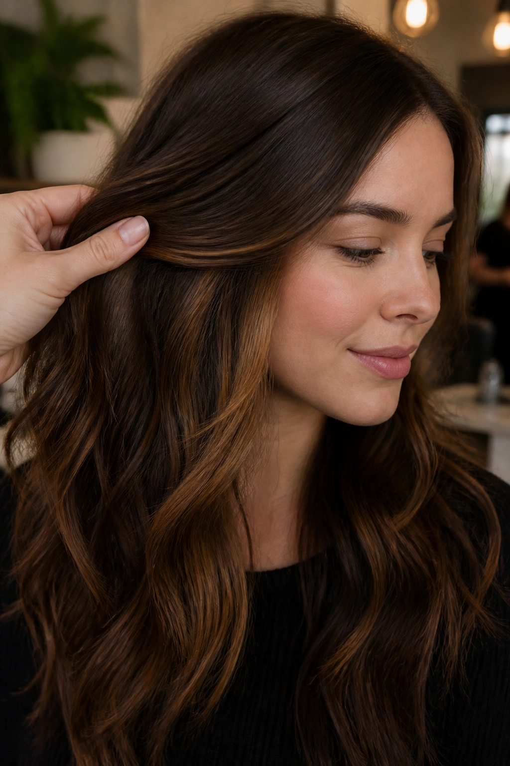 Brunette with hazelnut peekaboo panels under the top layer