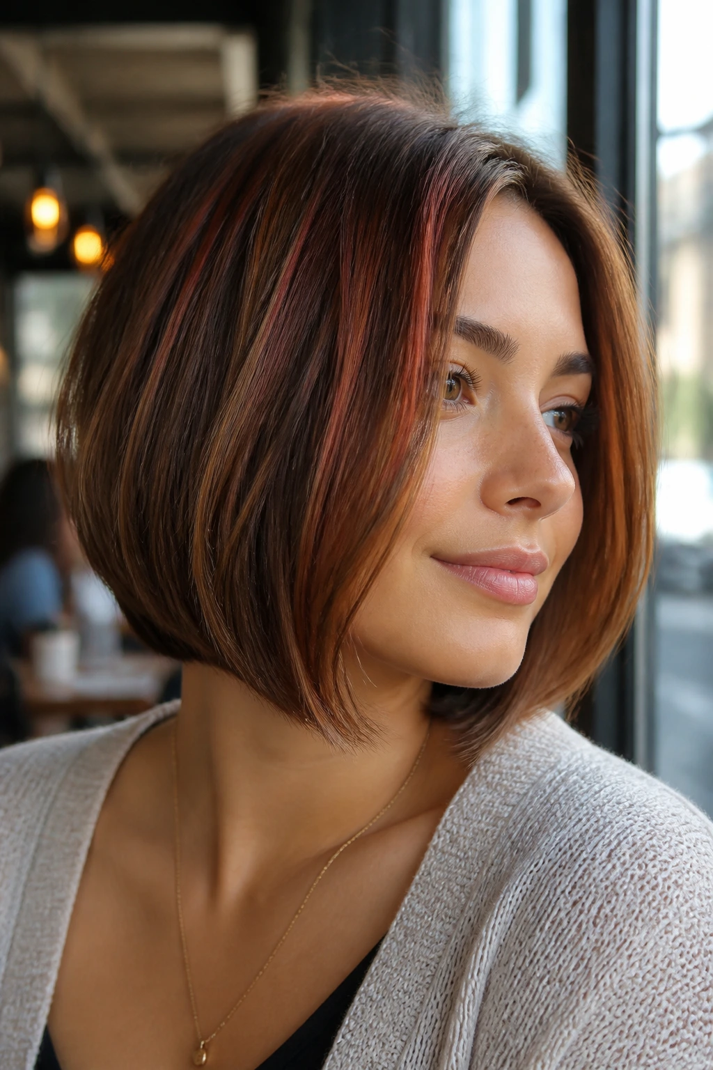 Close-up portrait of a real woman with hazelnut and red brown slices in a bob