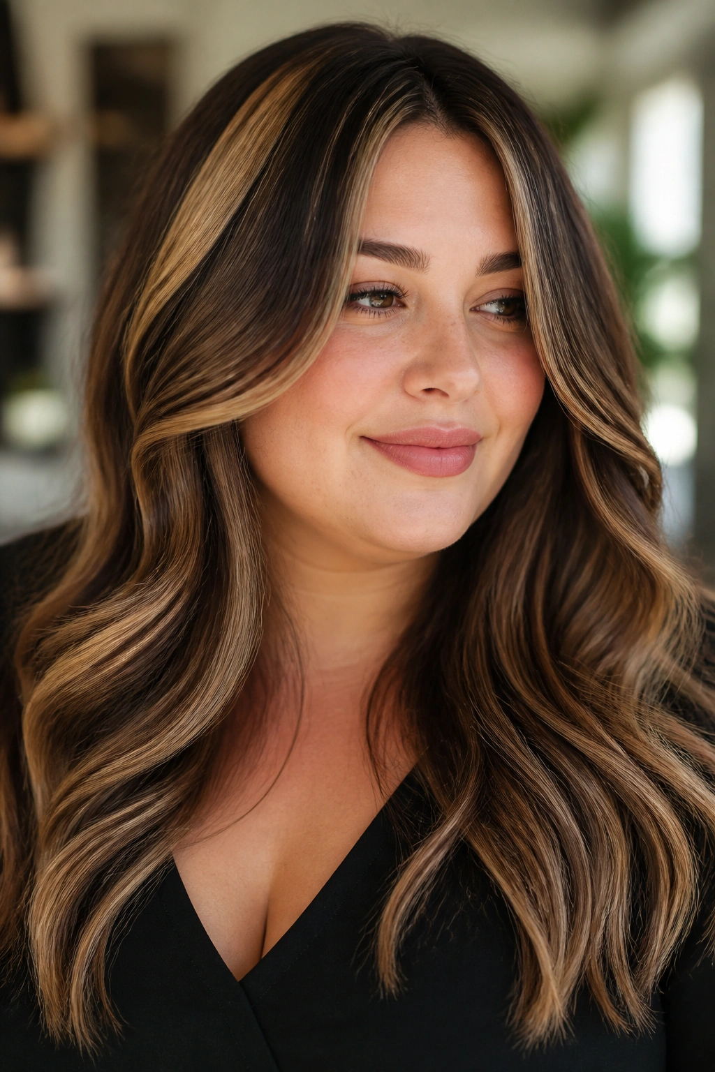 Close-up of a real person with chunky hazelnut ribbons in hair on a round-faced subject