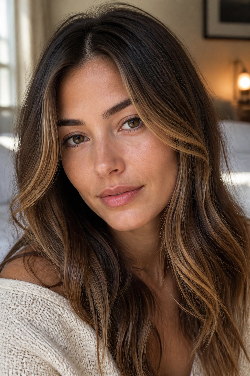 Close-up of a real woman with face-framing hazelnut ribbons in brown hair.
