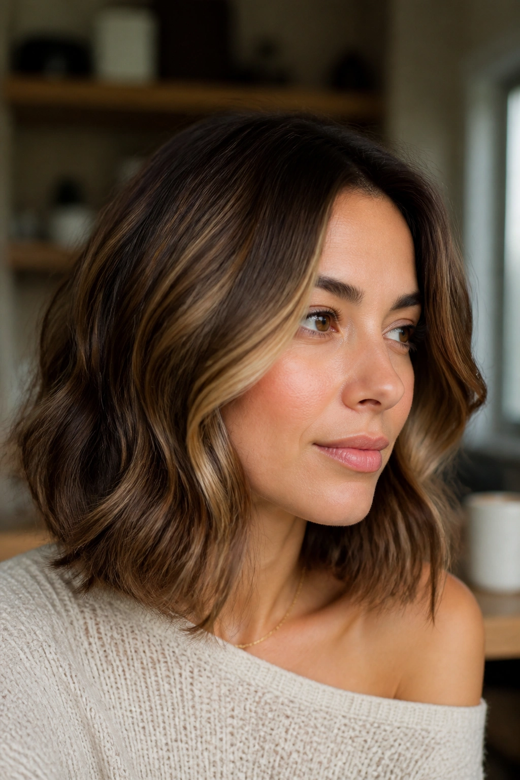 Close-up of a real woman with shoulder-length hazelnut ribbons on a lob