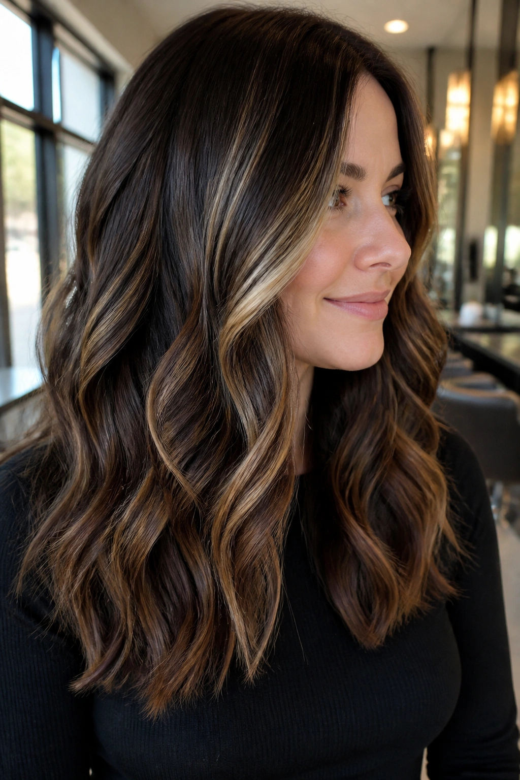 Close-up of thick brunette hair with chunky hazelnut ribbons for dimension