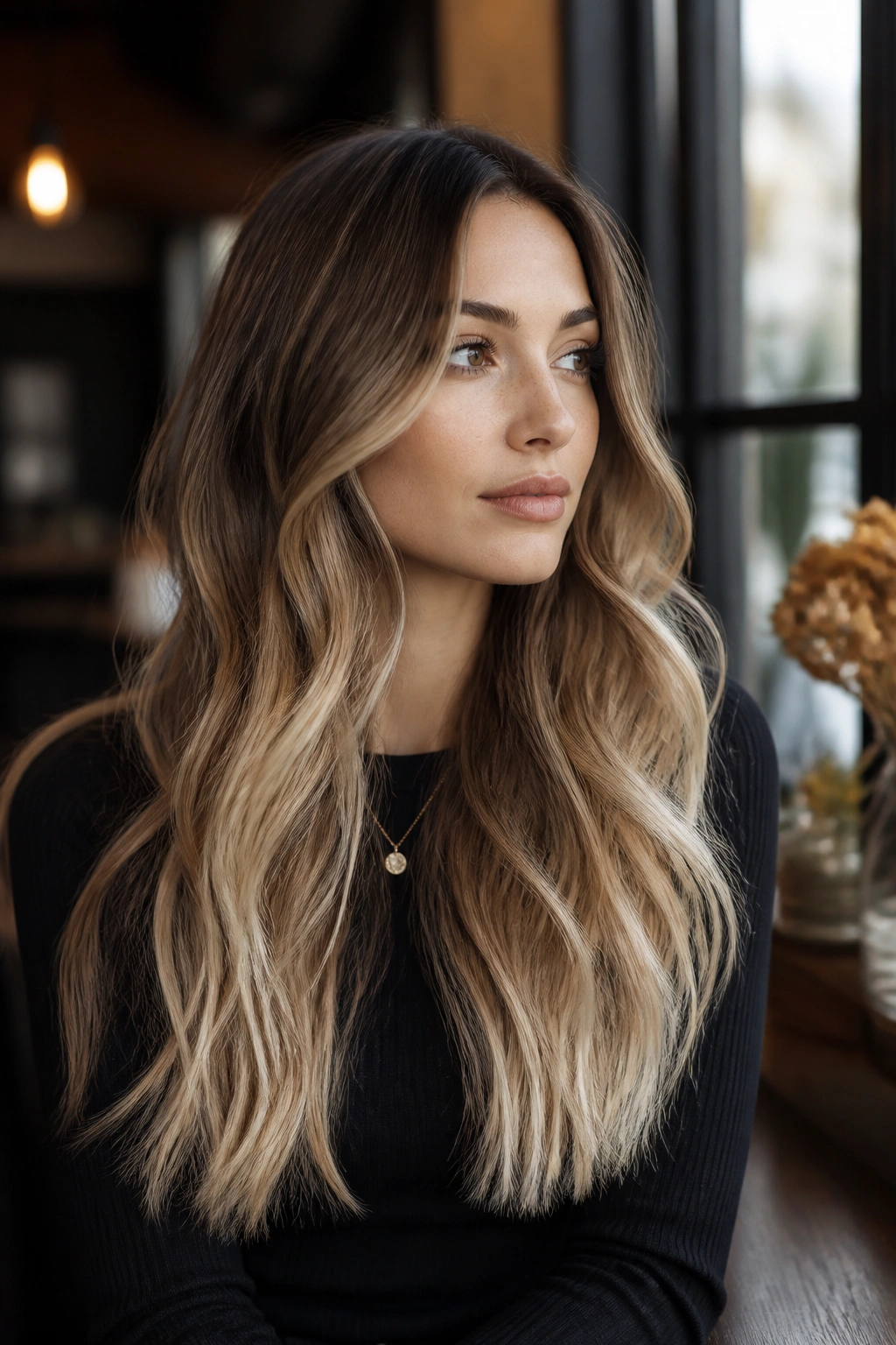 Close-up of a real woman with hazelnut roots fading to golden beige ends in an ombre.