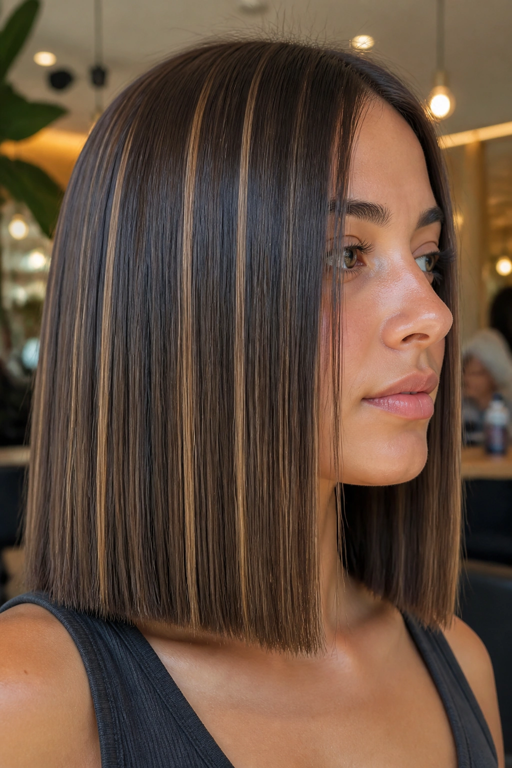 Close-up of a real woman with hazelnut streaks on a straight blunt cut