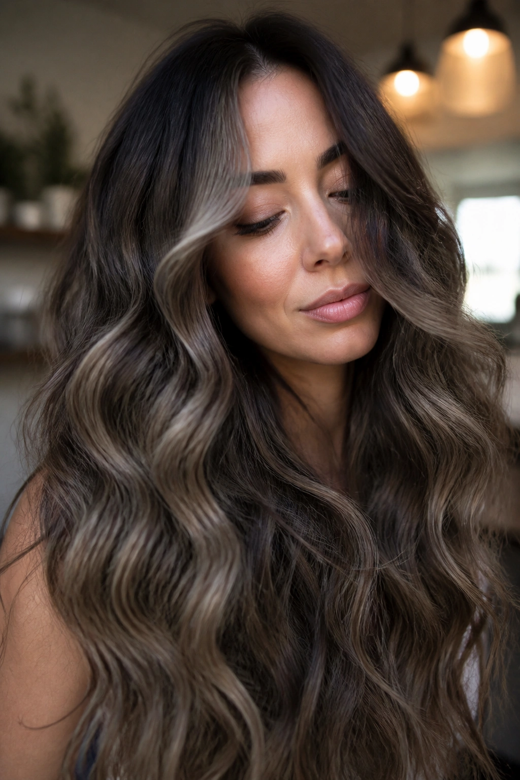 Long brunette curls with hazy smoke dimension in ash tones