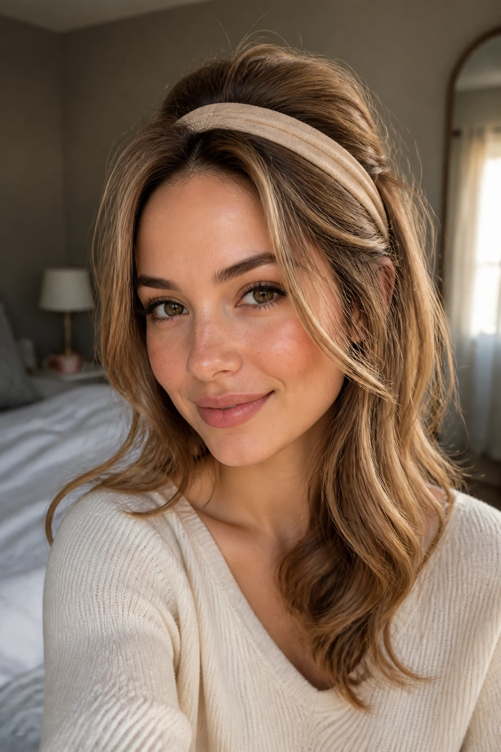 Close-up of a real woman wearing a headband puff with a soft crown lift and a loose bend around the face.