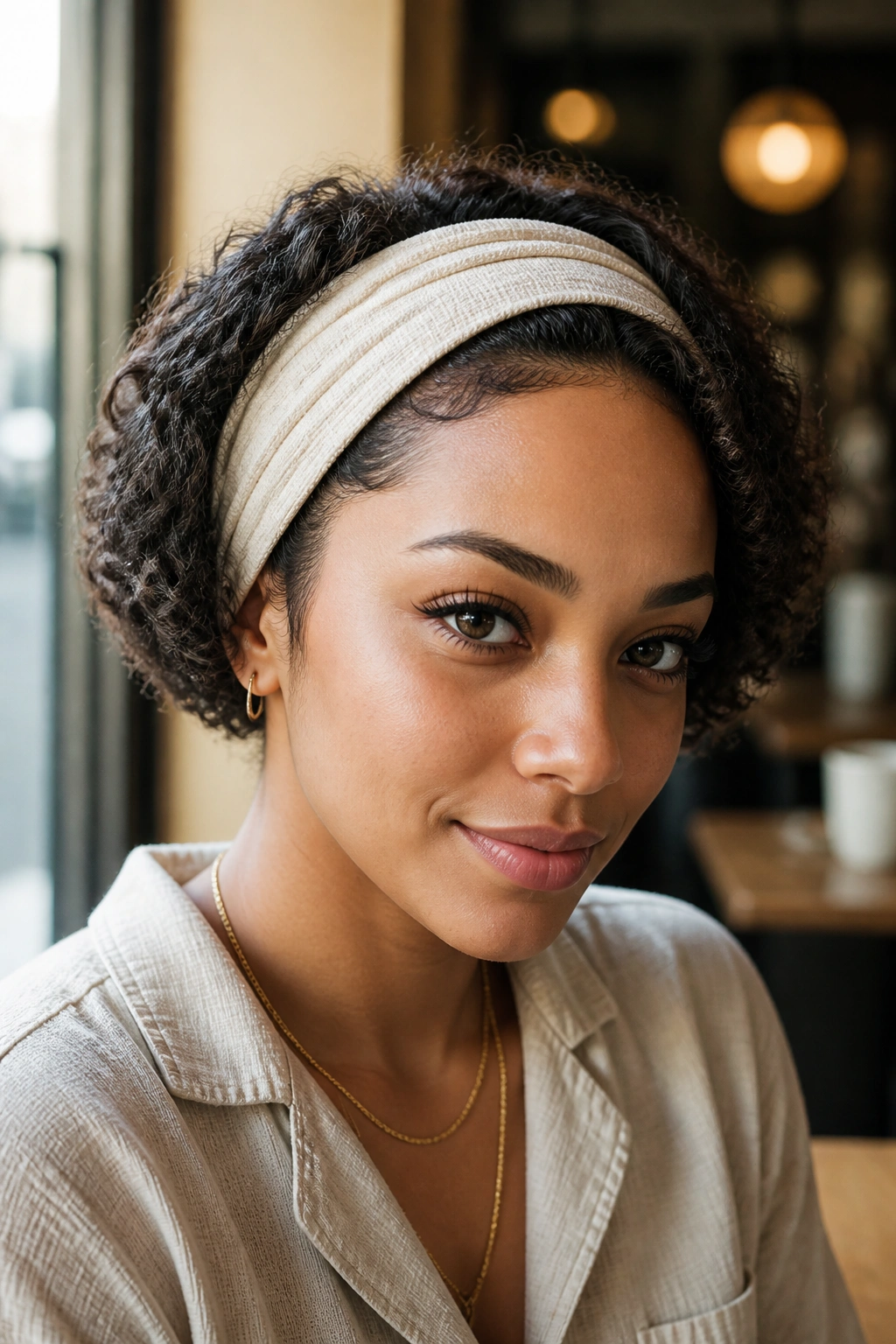 Close-up of a real woman with a wide headband and tucked curls