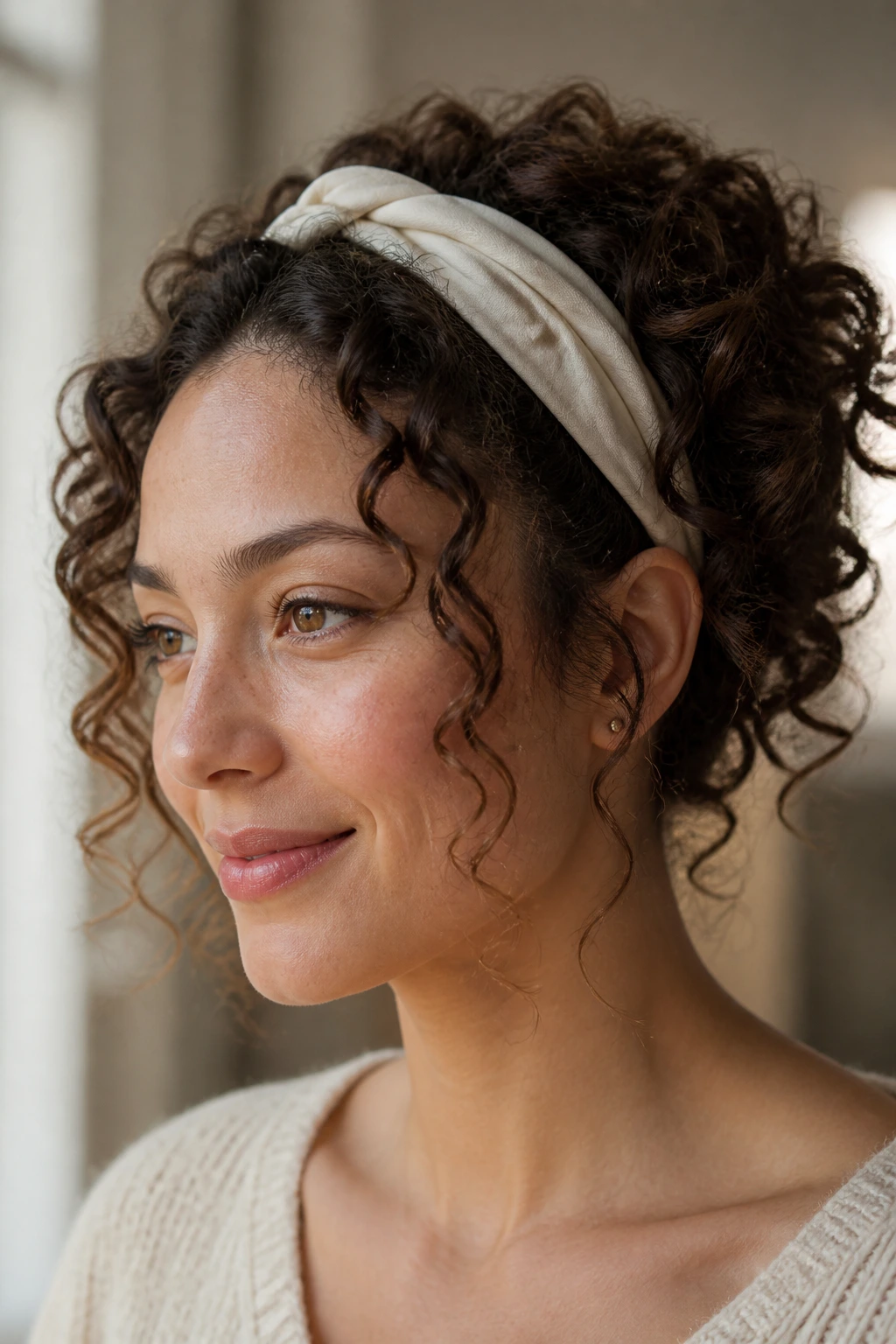Woman wearing a headband with soft front pieces tucked away.