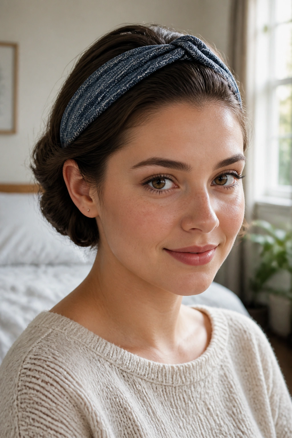 Close-up of a real person with a headband tuck hairstyle
