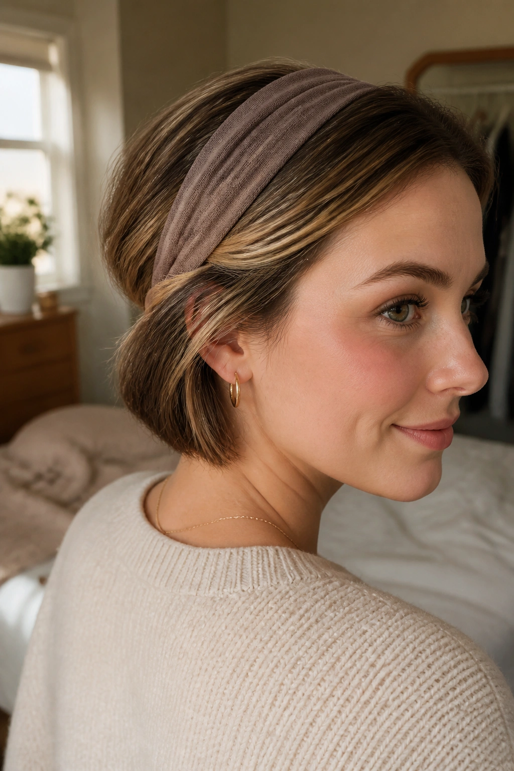 Close-up of a real woman with a headband tuck for shoulder-length hair