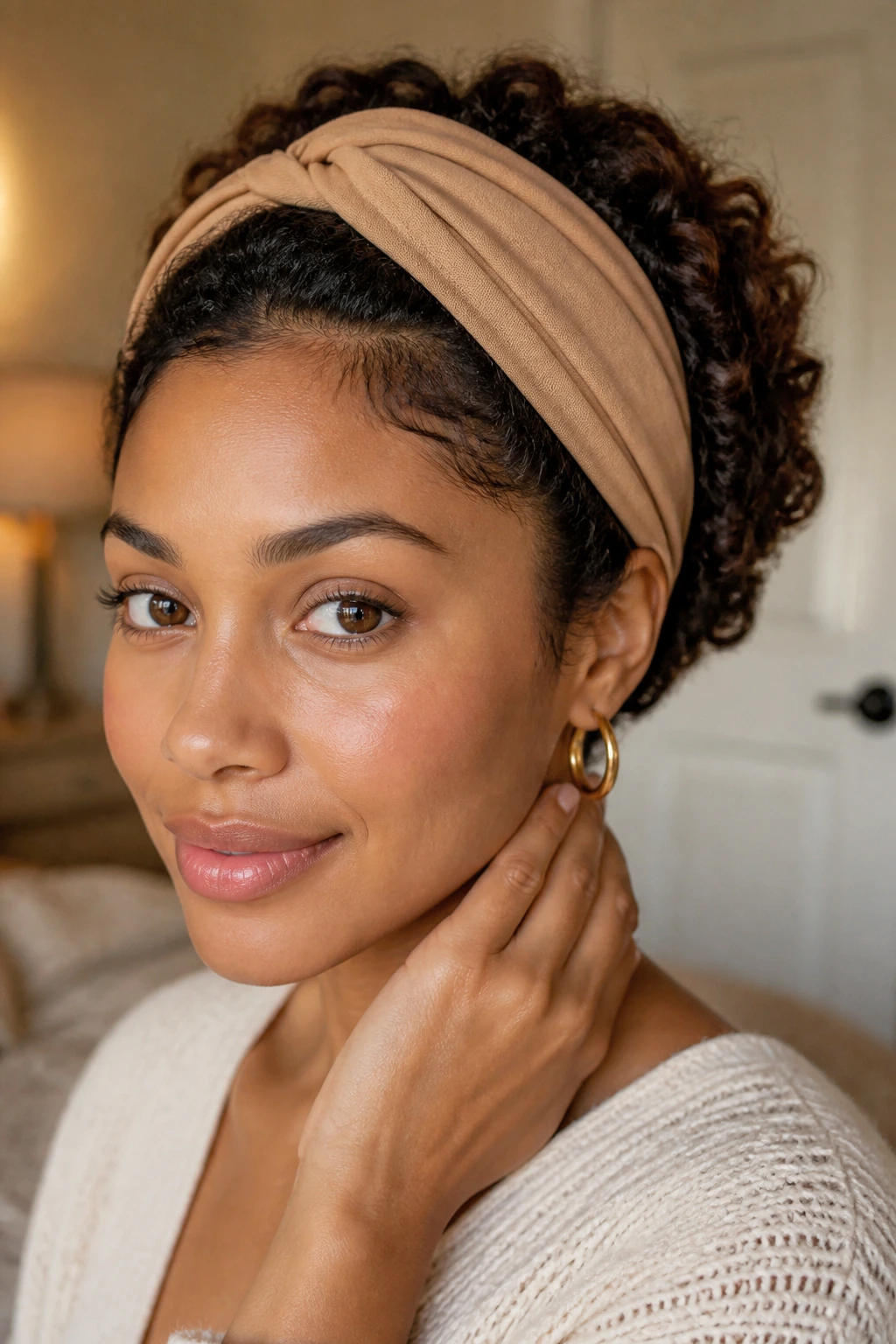 Close-up of a real person with hair tucked and twisted under a wide headband