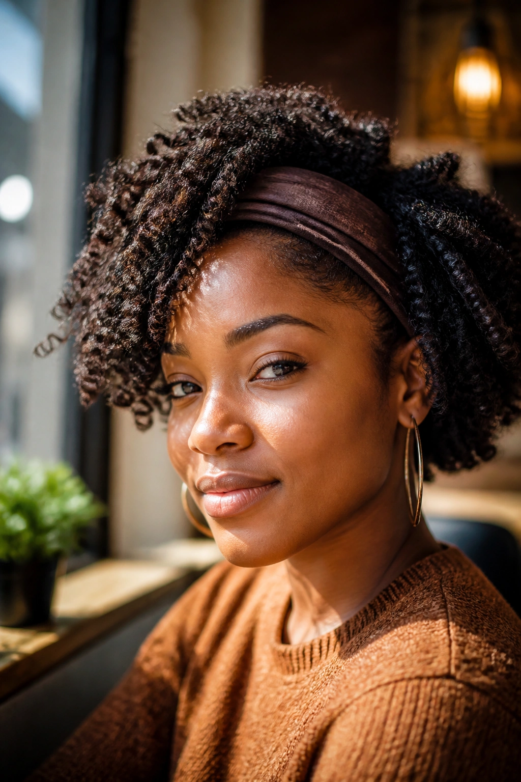Close-up of a real person with twist-out hair and a headband, side sweep framing the face.