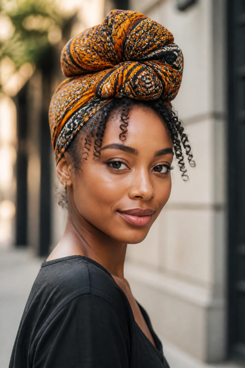 Portrait of a person wearing a headwrap with curly front pieces visible