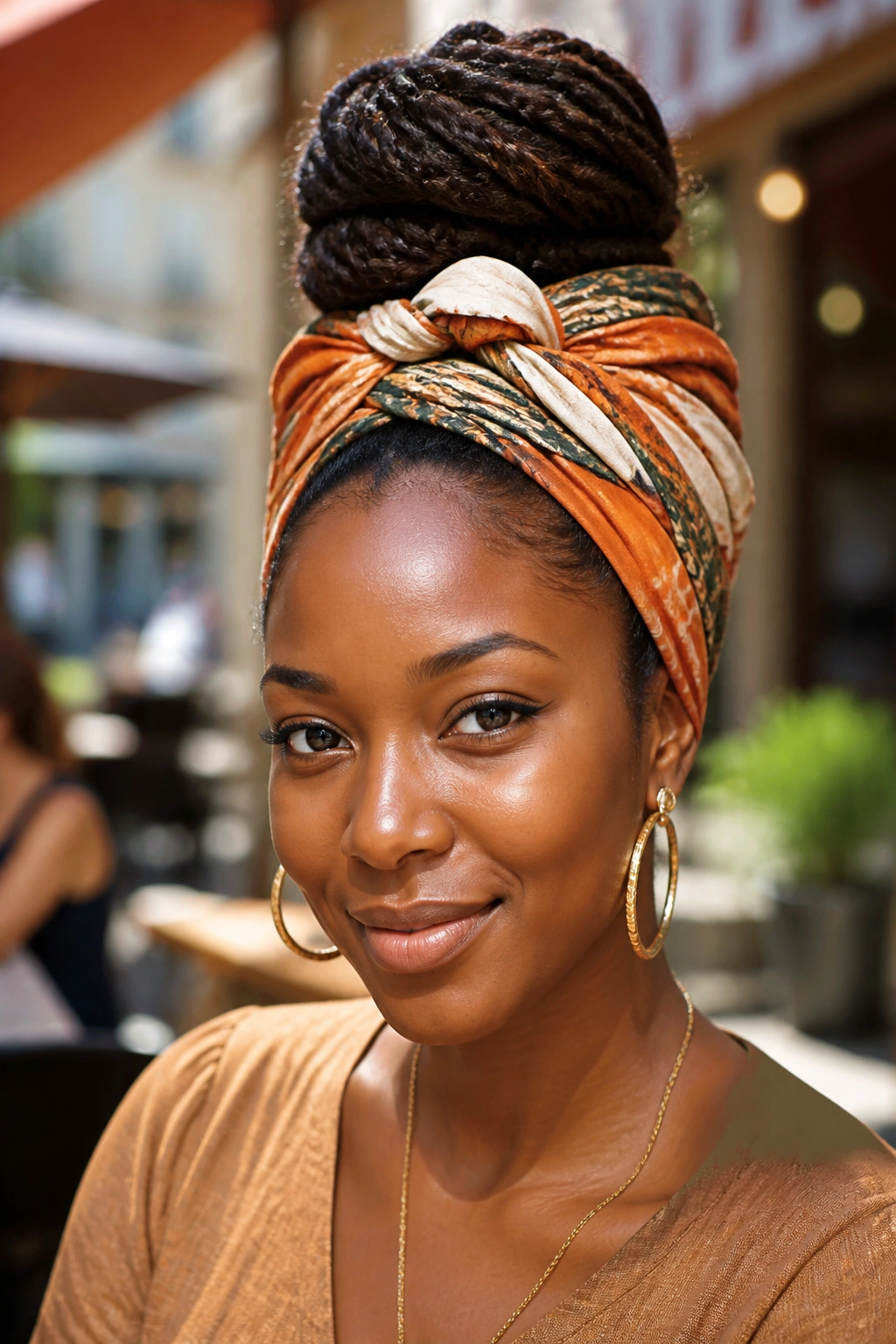 Close-up of a real woman wearing a headwrap with a high bun in sunny daylight