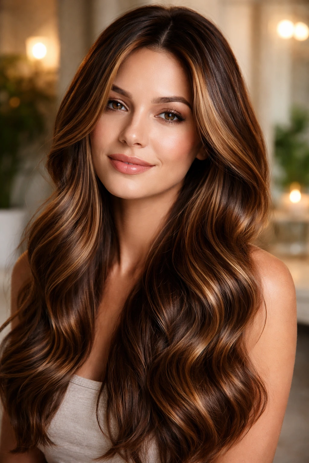 Healthy-looking hair with caramel honey highlights on a real person, close-up