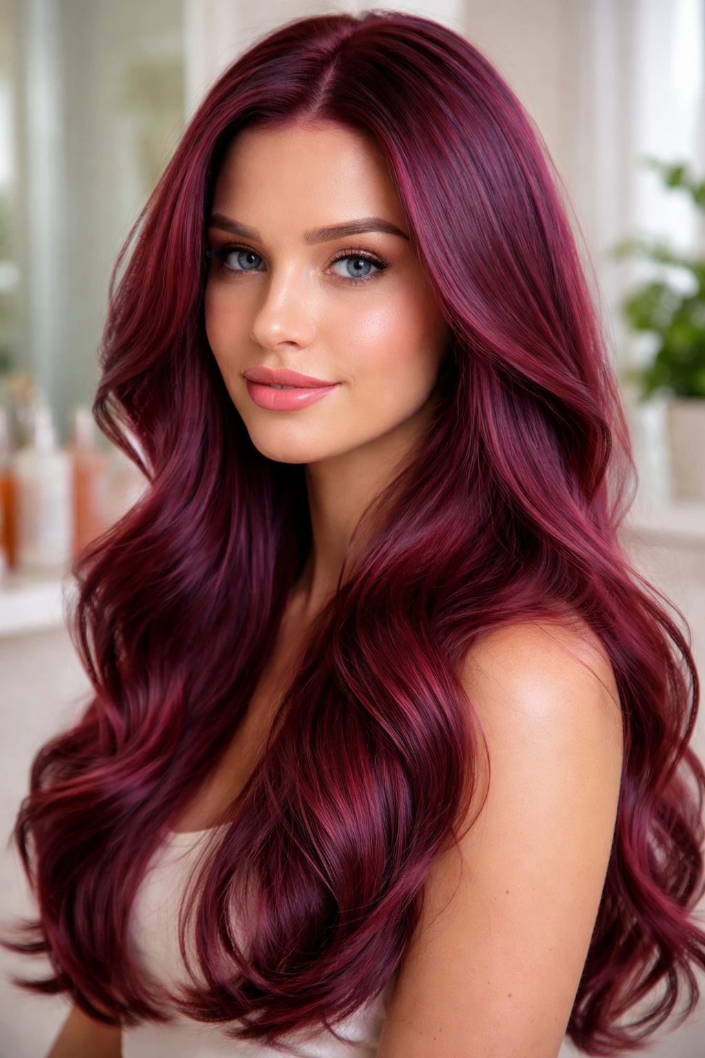 Close-up of glossy, healthy hair in bright bathroom light