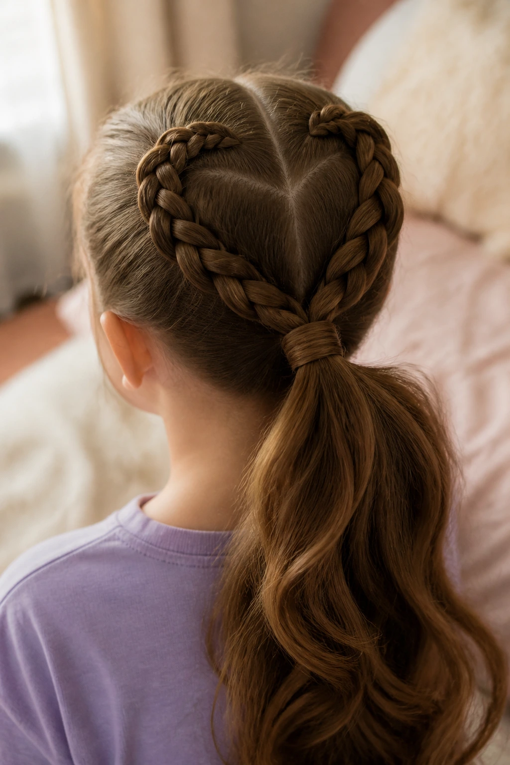 Back of head close-up of a real girl with a heart-shaped braid ponytail.