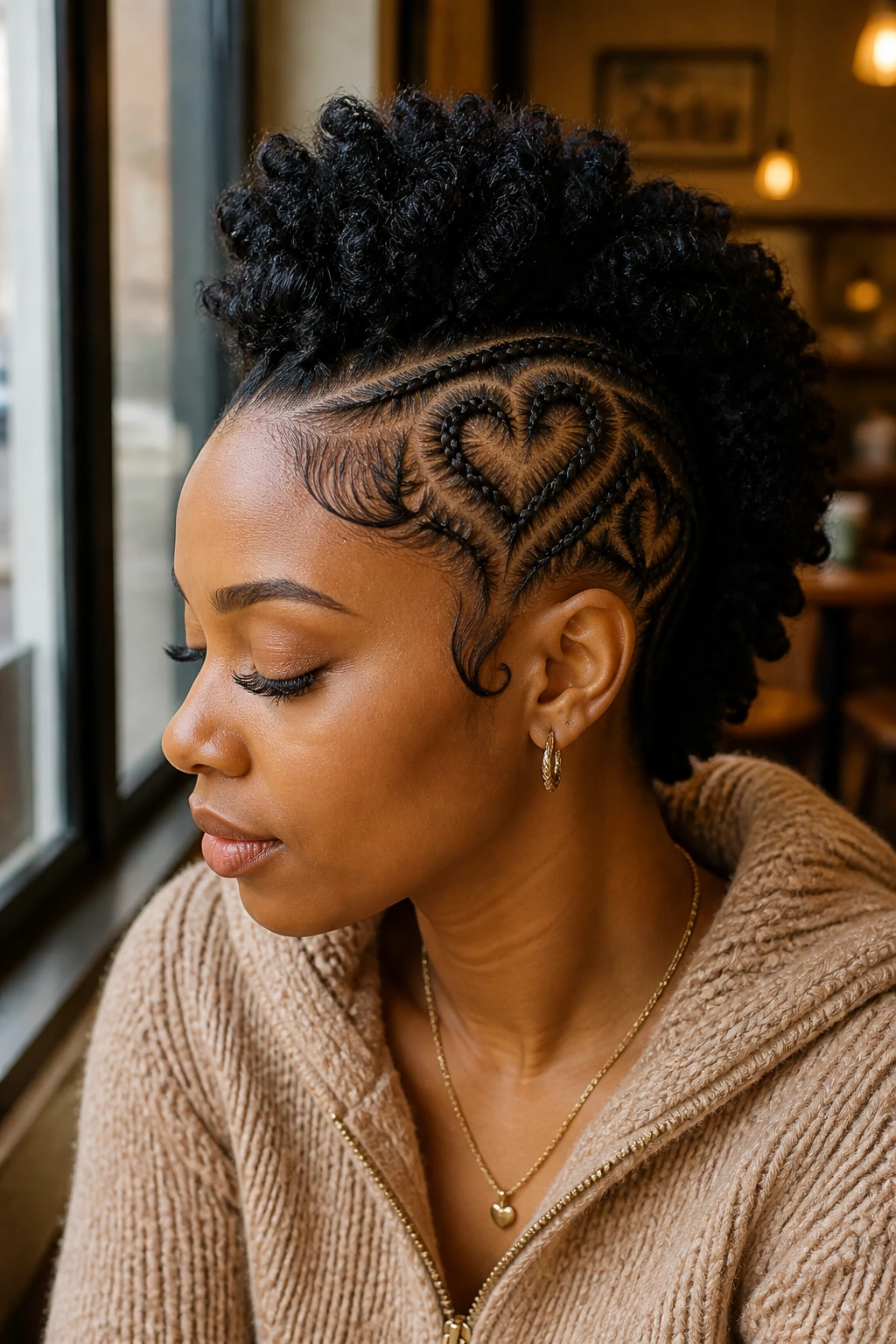 Close-up portrait of a real person with heart-shaped braids in a mohawk