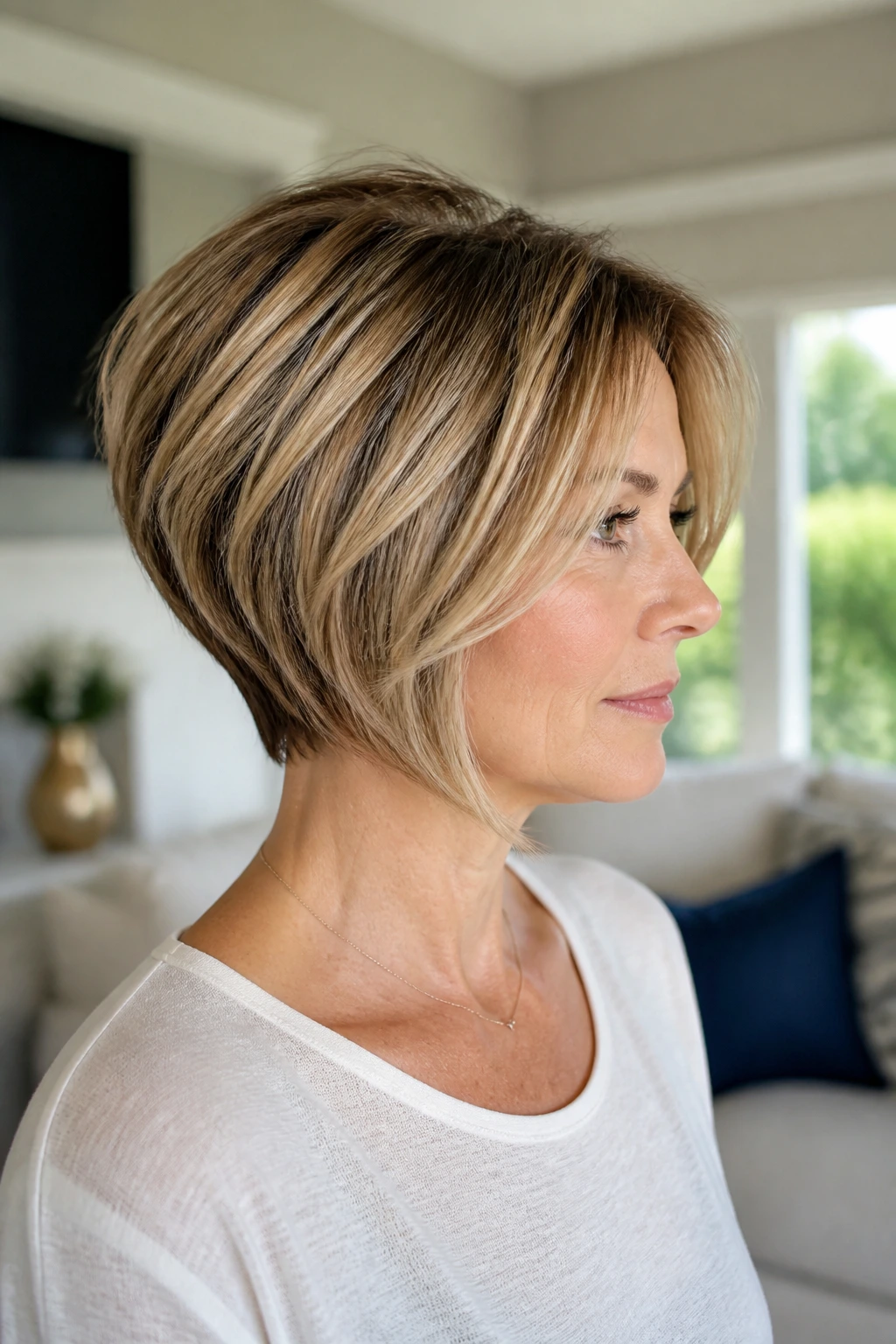 Heart-Face Friendly Stack hairstyle from profile
