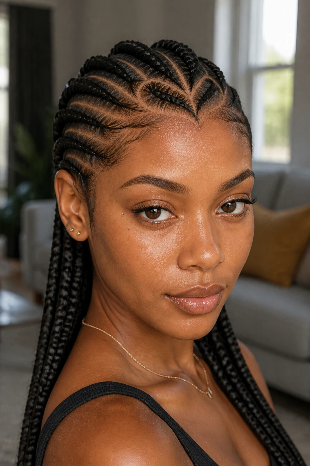 Real woman with heart-shaped part cornrows in softly lit living room