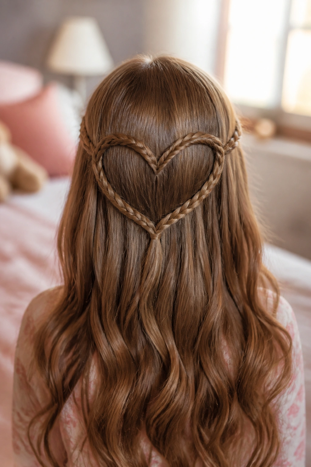 Back view of real girl with heart-shaped braid accent on the head.