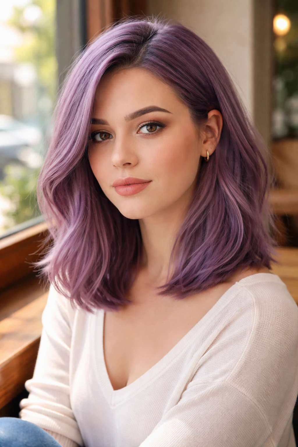 Real person with heather purple collarbone lob in soft daylight.
