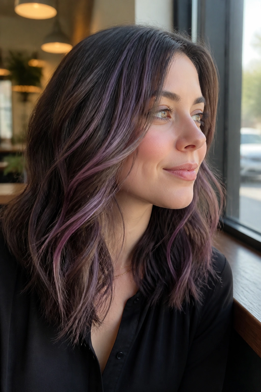 Close-up of a real woman with fine heather violet ribbons woven through hair.