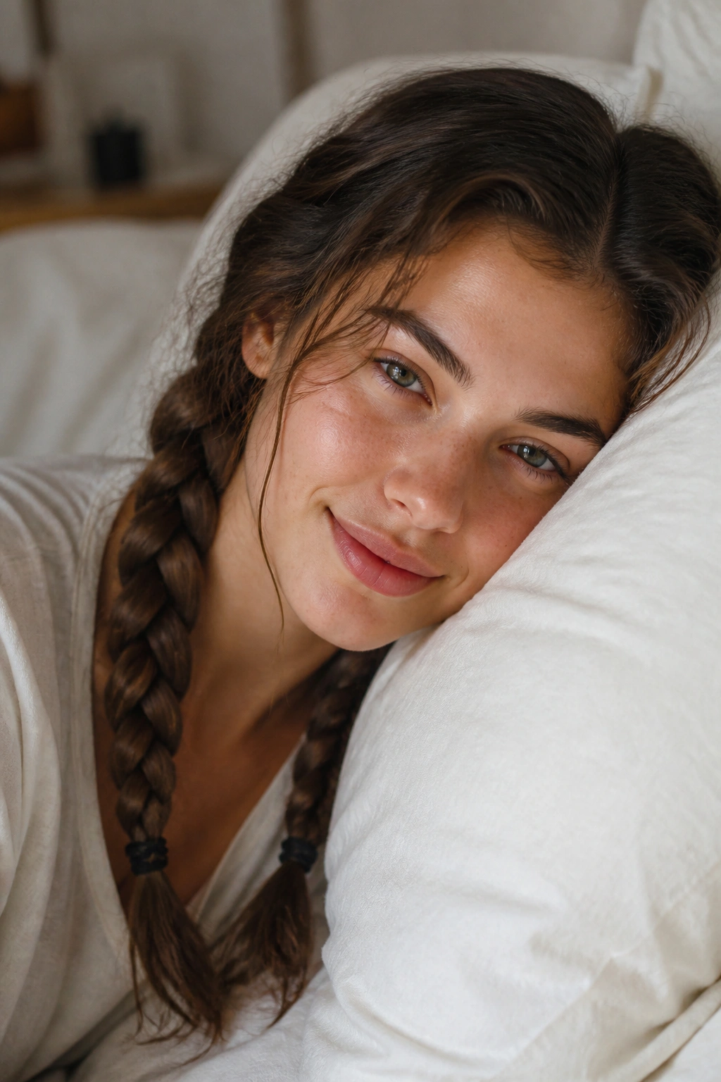Real woman with two loose braids and soft waves in hair