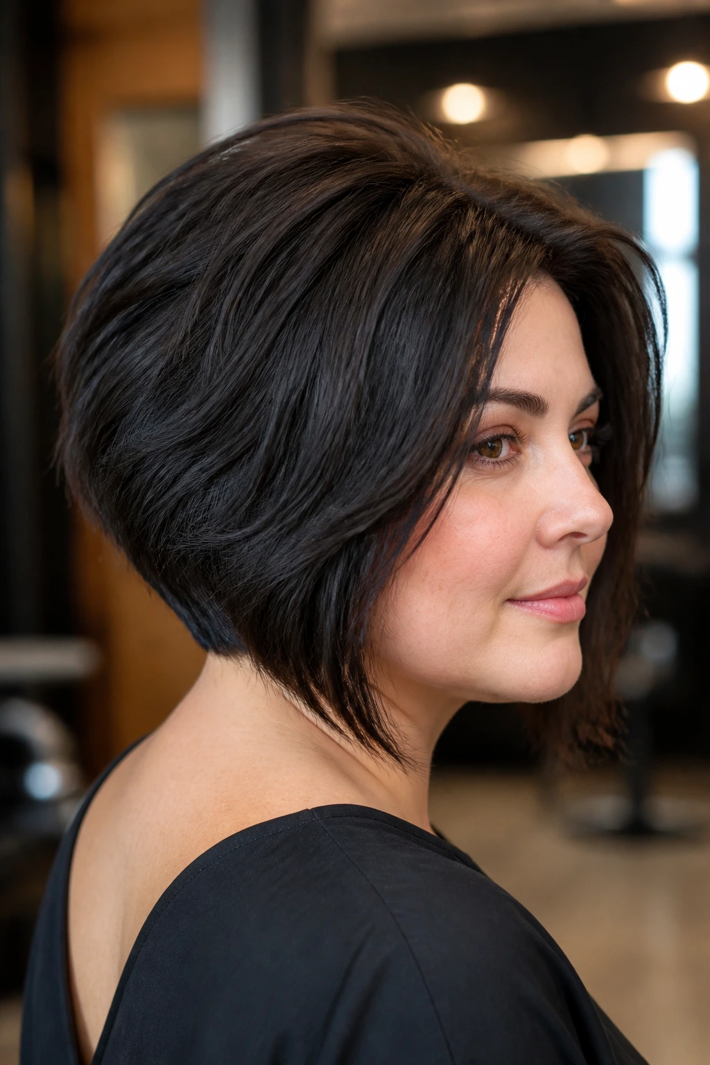 Portrait of a real person with a thick hair stack and front lengthened