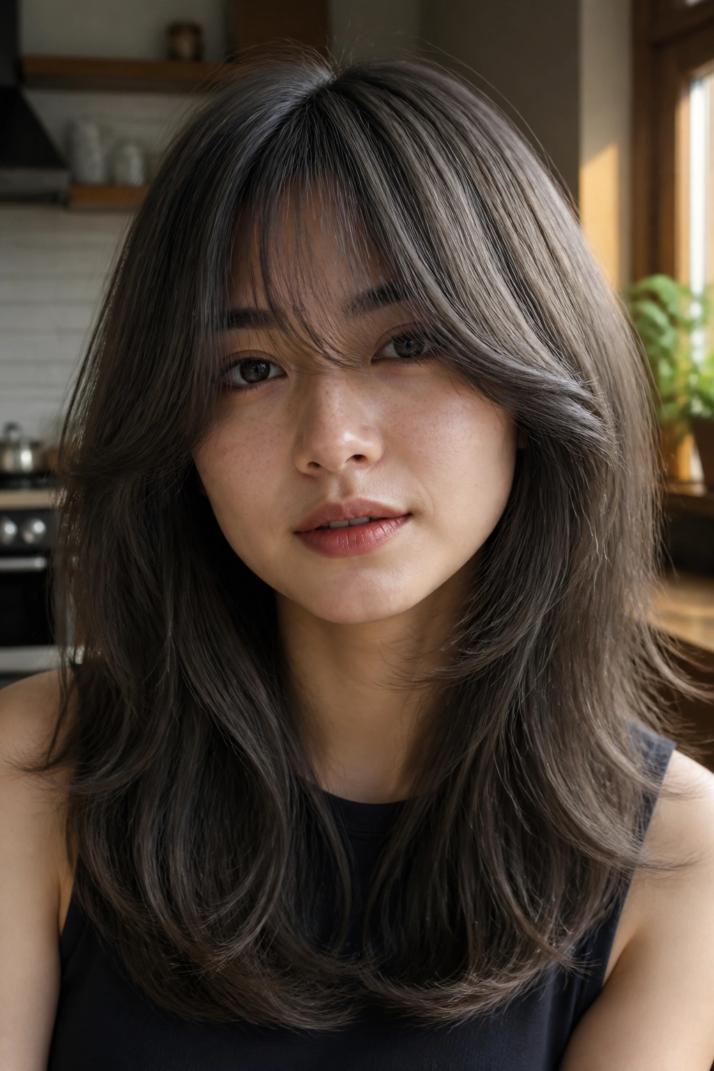 Real person with dense hair and heavy ash curtain bangs