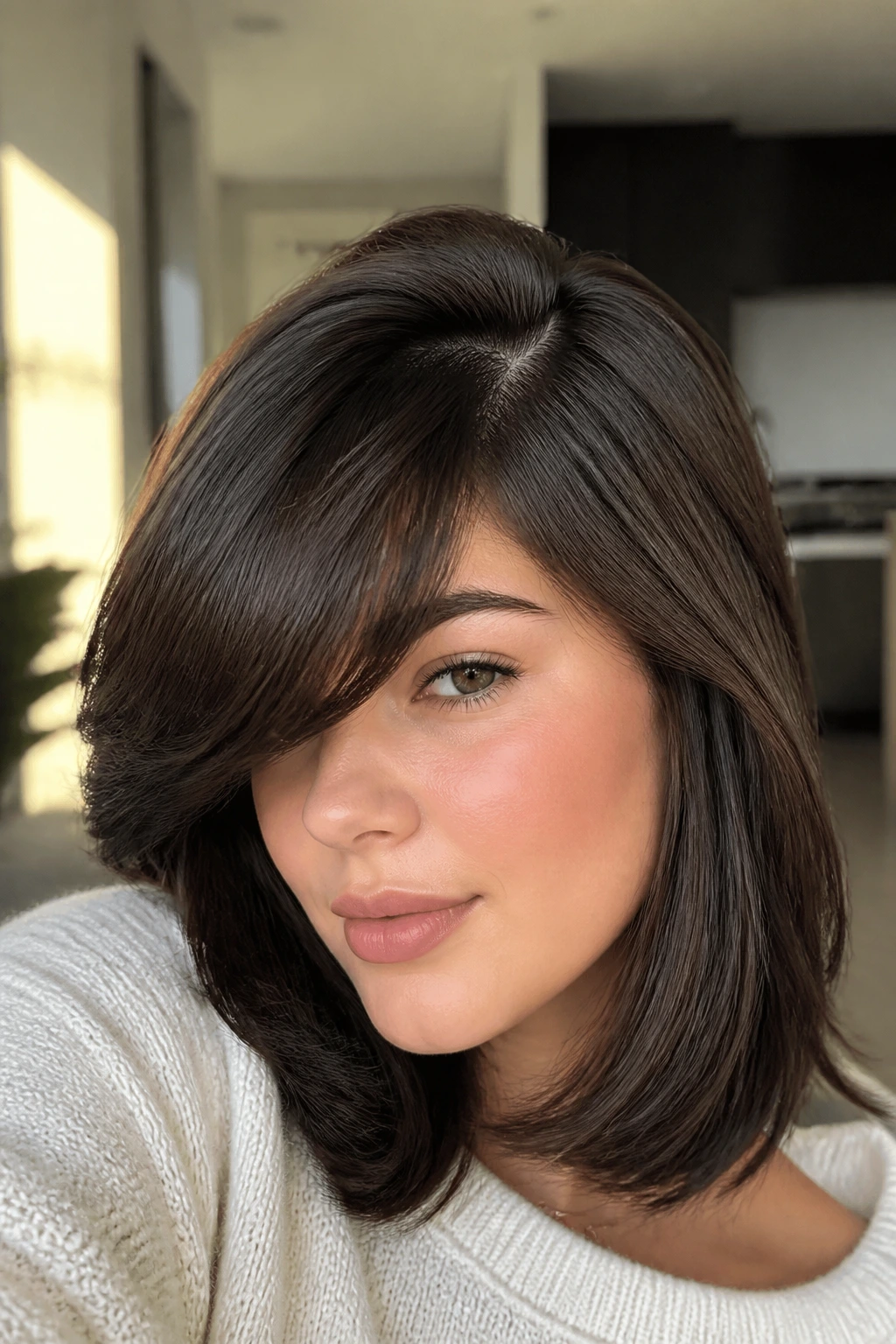 Close-up of a real woman with heavy bangs and deep side part