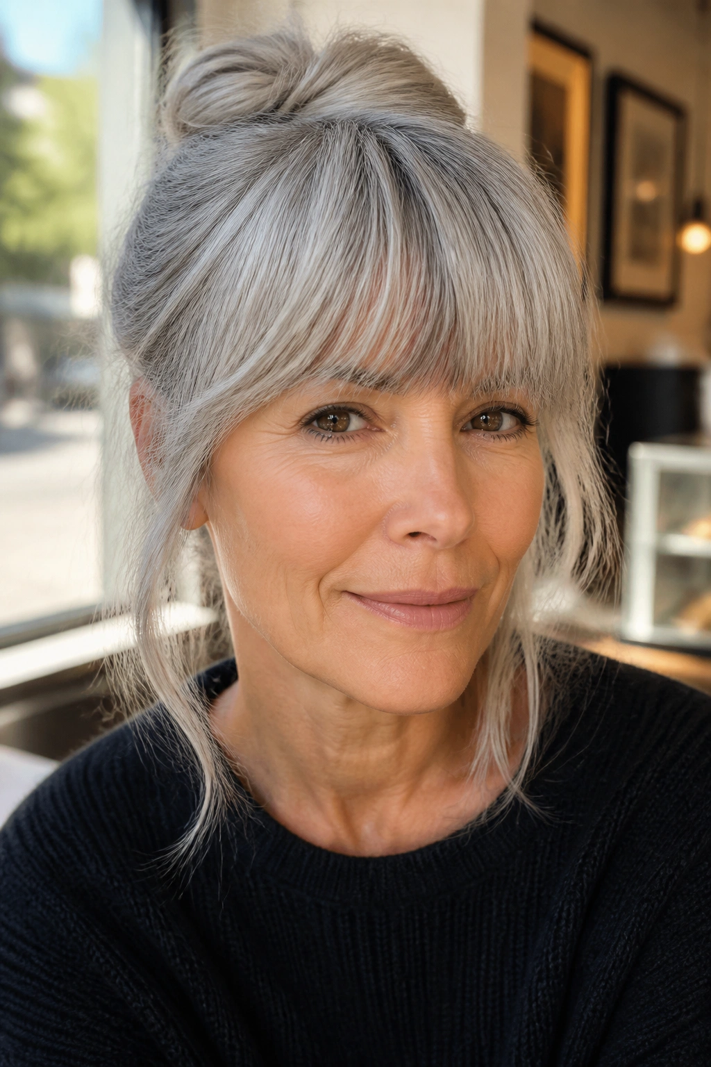 Close-up of a real woman with heavy grey bangs feathered at the temples