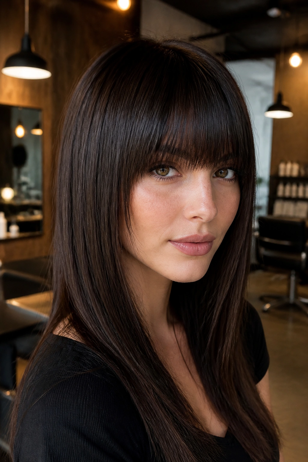 Close-up of a real woman with heavy straight bangs and textured ends