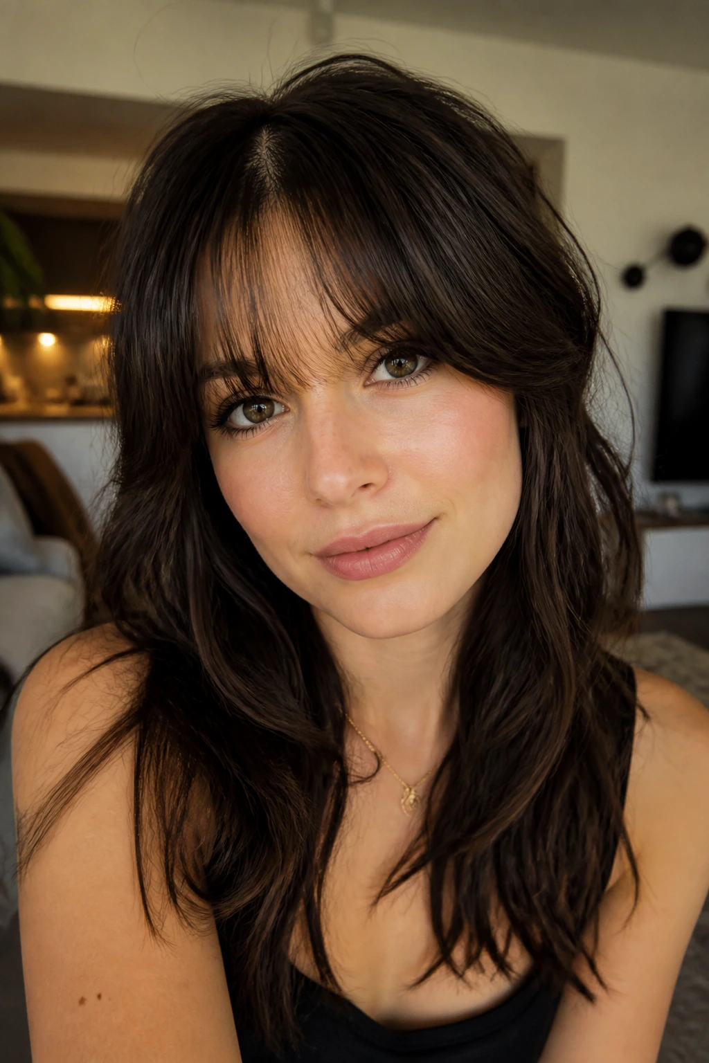Close-up of a woman with heavy bangs softened at the center