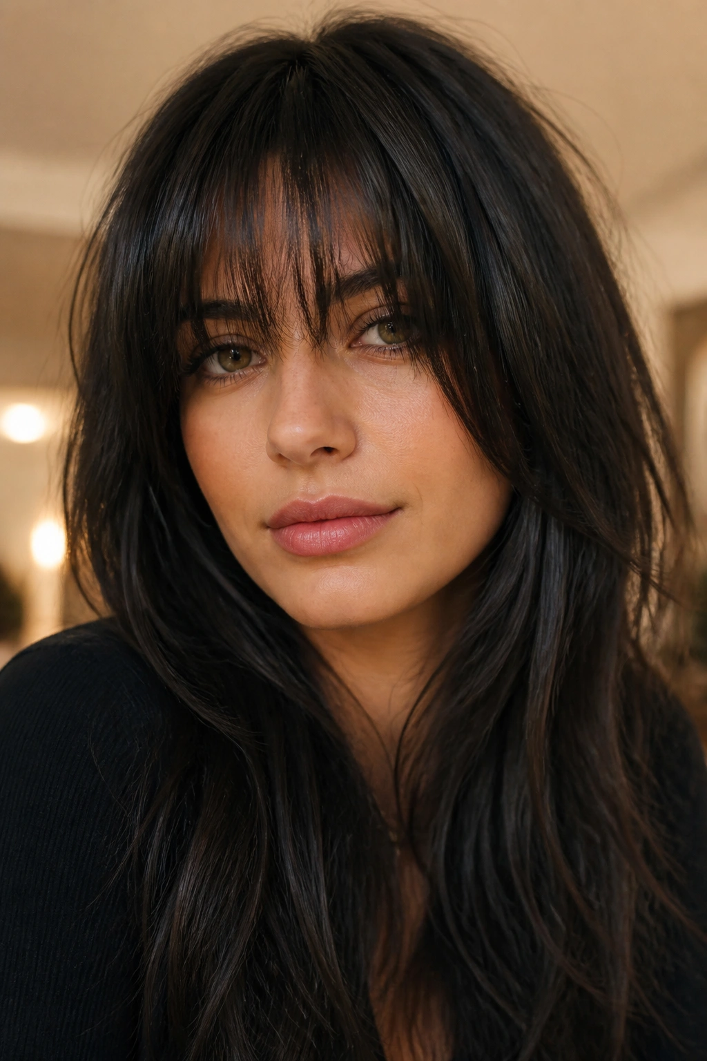 Close-up of a woman with heavy long bangs showing internal texture