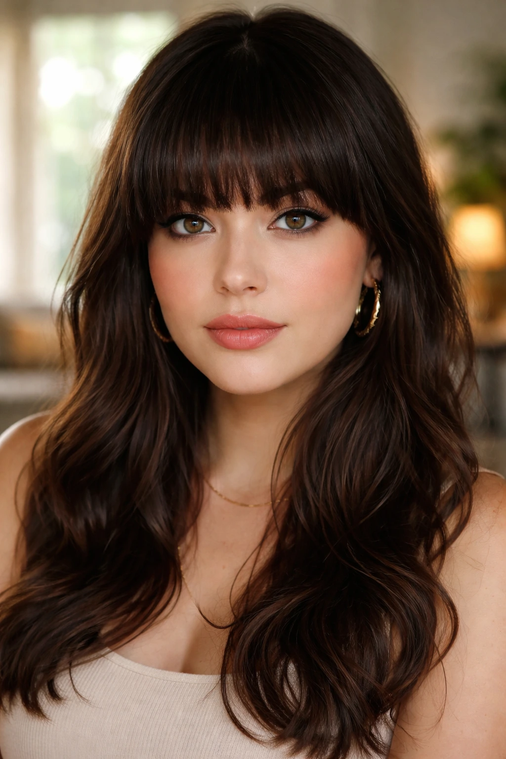 Close-up of a real person with thick brow-grazing fringe
