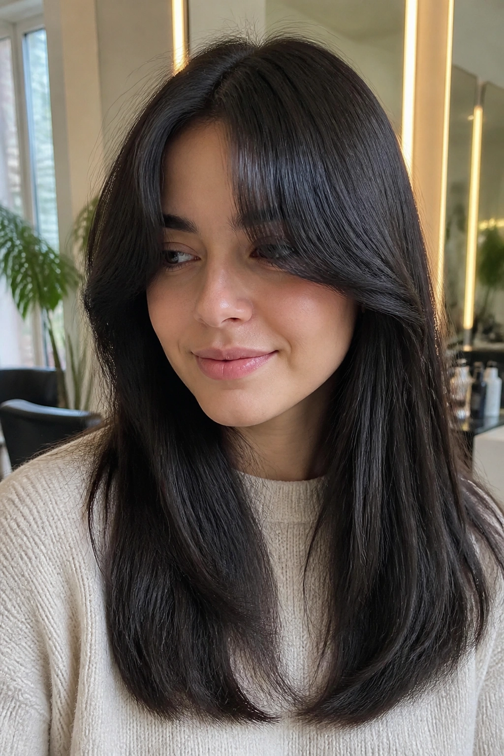 Close-up portrait of a real woman with heavy curtain bangs and a soft bend.