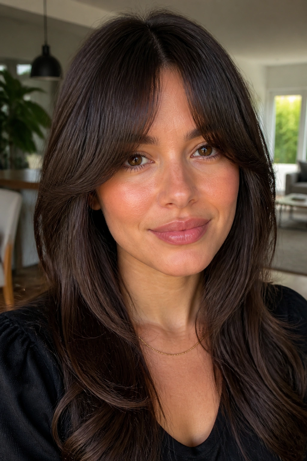 Close-up portrait of a real woman with heavy curtain bangs