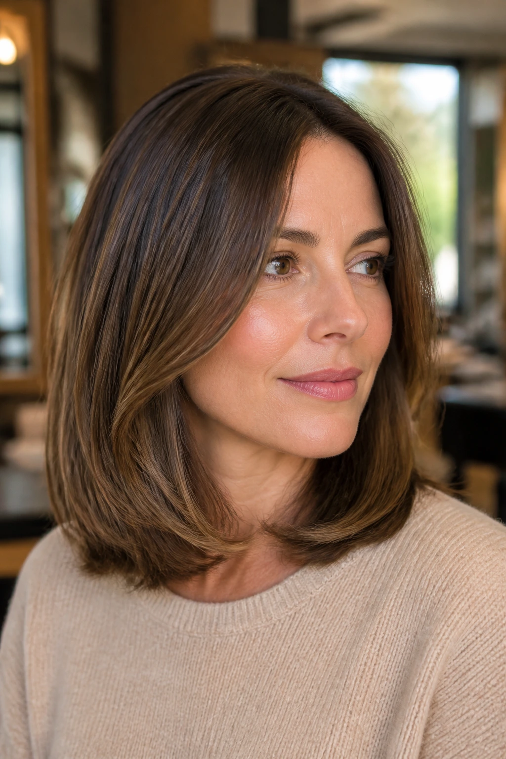 Close-up of a real woman's shoulder-length heavy-ended cut with inner movement in warm salon light