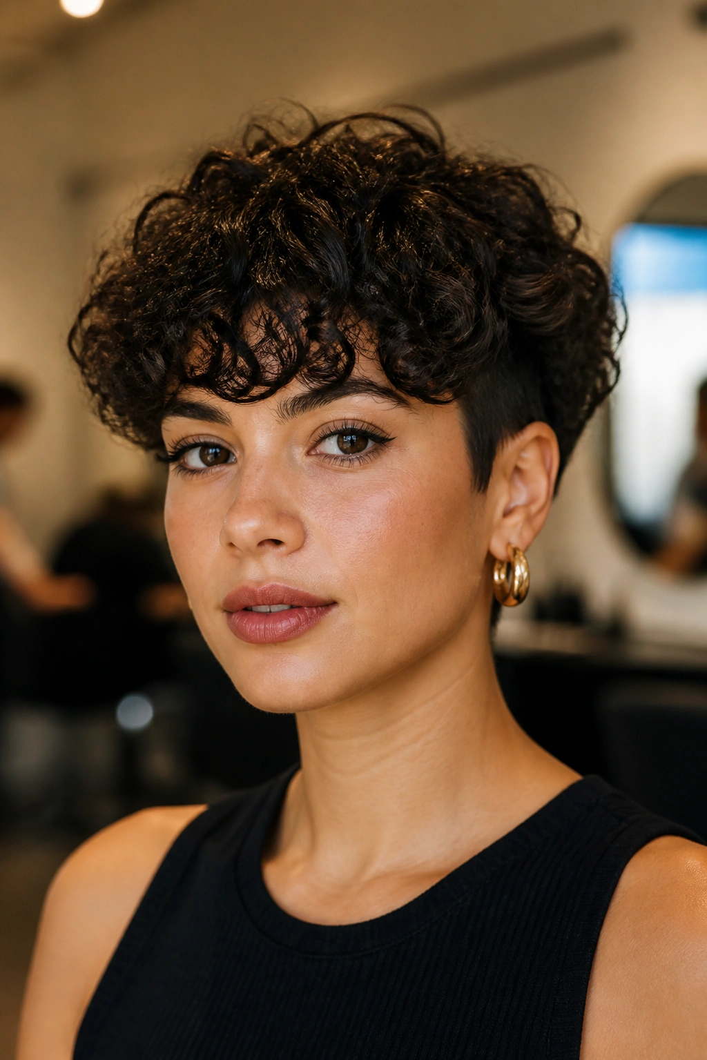 Real woman with heavy curly fringe and tapered sides in a salon setting.