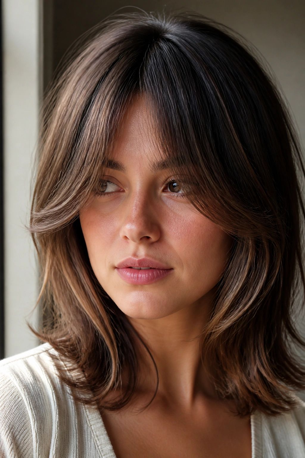 Close-up of a real woman with a heavy, center-full curtain fringe framing her face.