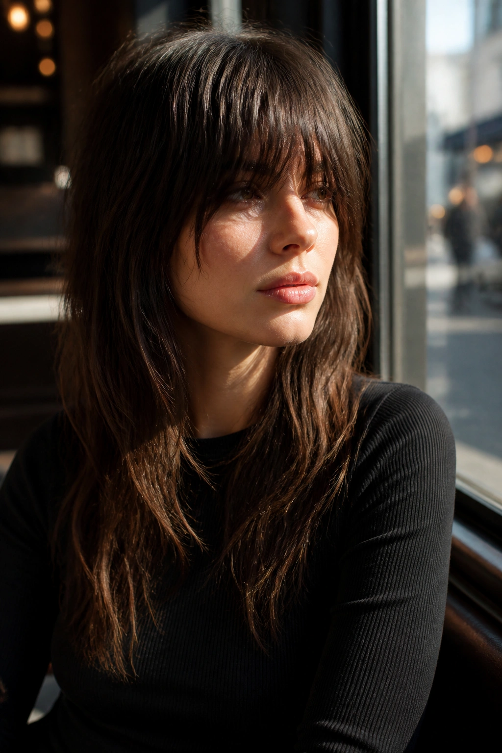 Portrait of a real woman with heavy fringe long shag in a sunny cafe setting