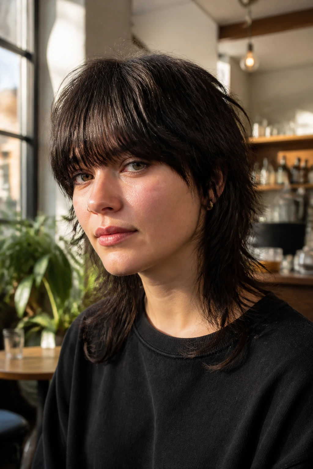 Close-up portrait of a real person with a heavy fringe mullet in a cafe setting