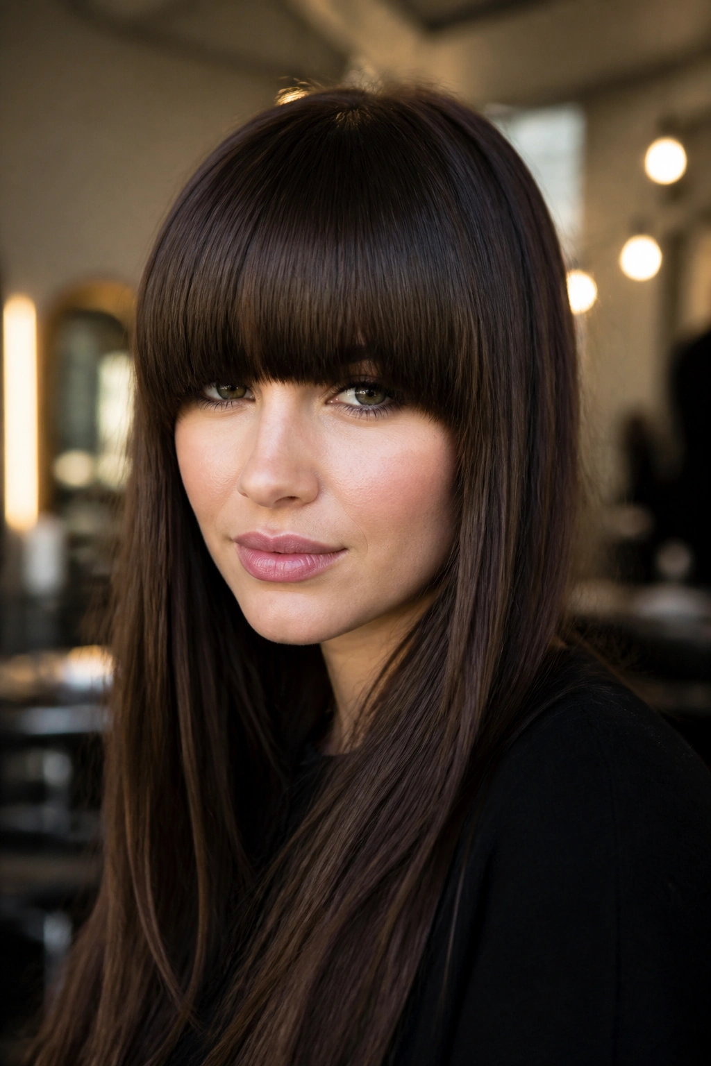 Close-up portrait of a real woman with a heavy full fringe just below the brows in a warm salon setting