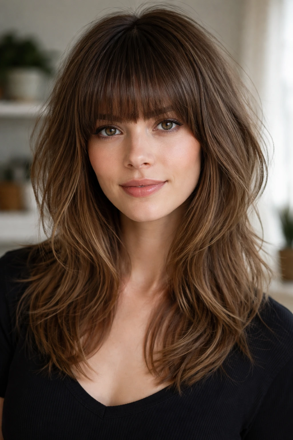 Portrait of a real person with heavy fringe shag for fine hair