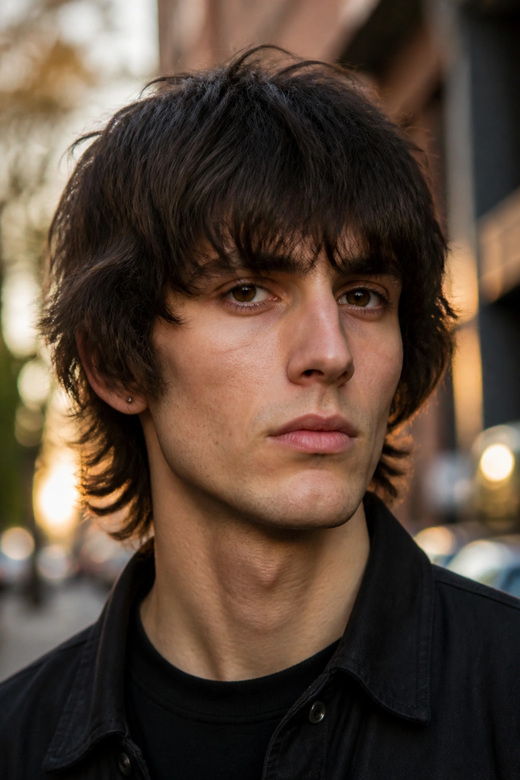 Portrait of man with heavy fringe shag above the eyebrows in warm street light