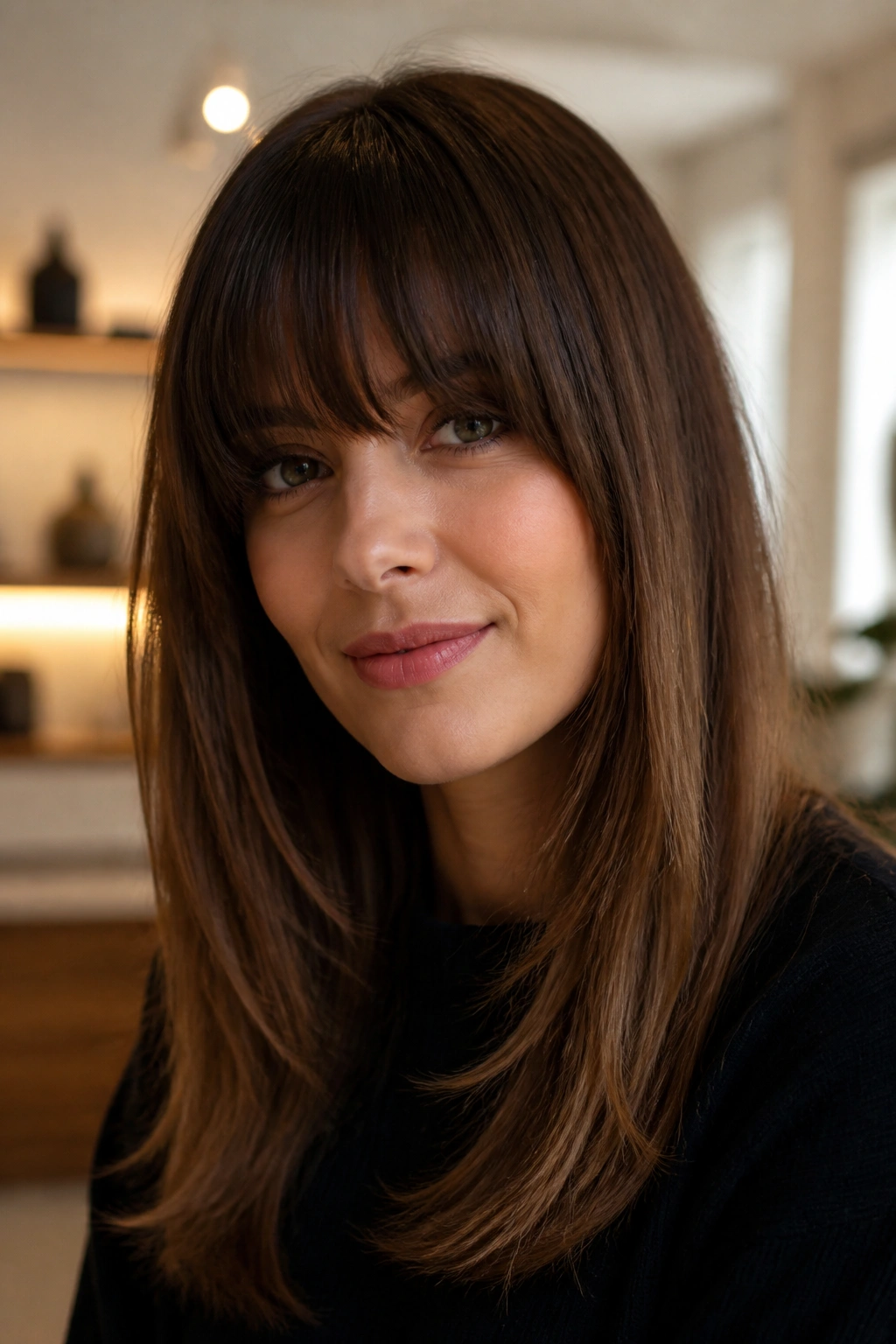 Close-up portrait of a real woman with heavy but soft French fringe
