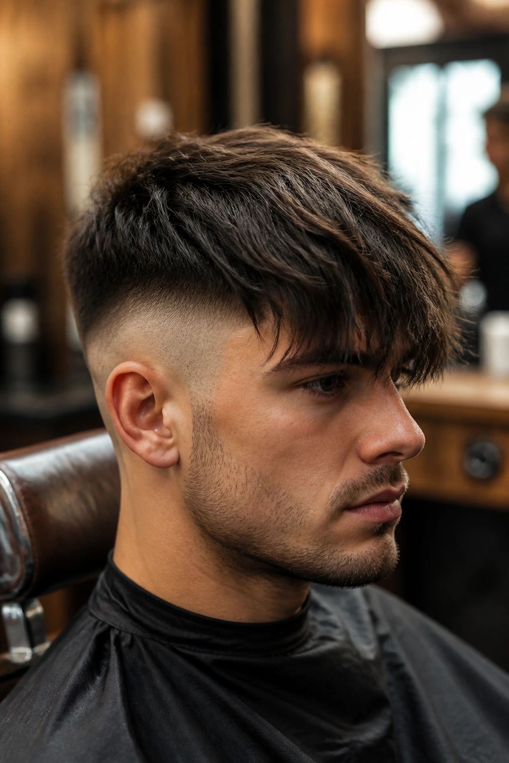 Close-up of a man with heavy fringe and undercut, bold forward fringe.